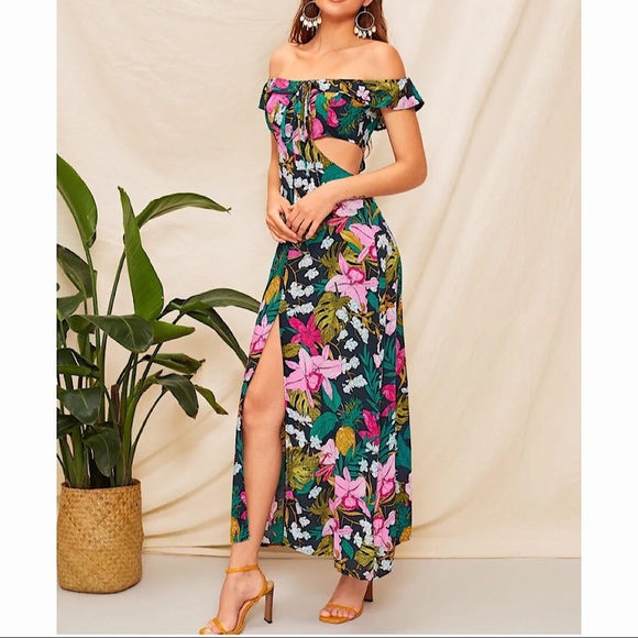 Floral Split Hem Cut Out Off Shoulder Halter Dress - Picture 1 of 8